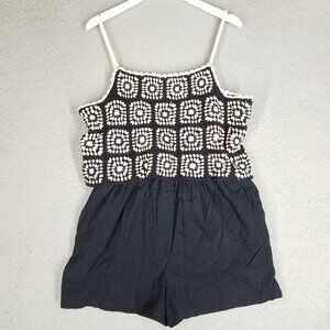 Lucky Brand Crochet Romper Women's Medium Black Shorts Granny Squares Summer